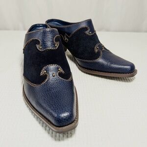 Vintage Western Navy Blue Leather-Suede Studded Slip-On Mules size 8